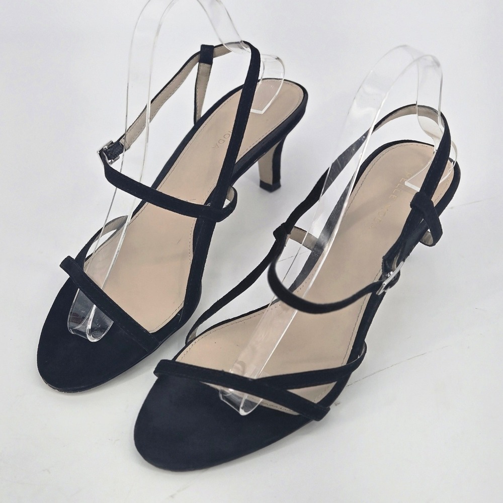 Pelle Moda Black Suede Strappy Buckle Accent Kitten Heel Dress Sandals Size 10M